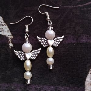 Angel Beaded Earrings Dangle Silver Plated Hook Heart Wings Handmade Gift